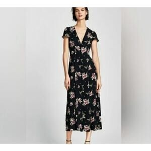 Zara Floral Black & Pink Button Up Midi Dress Size L
